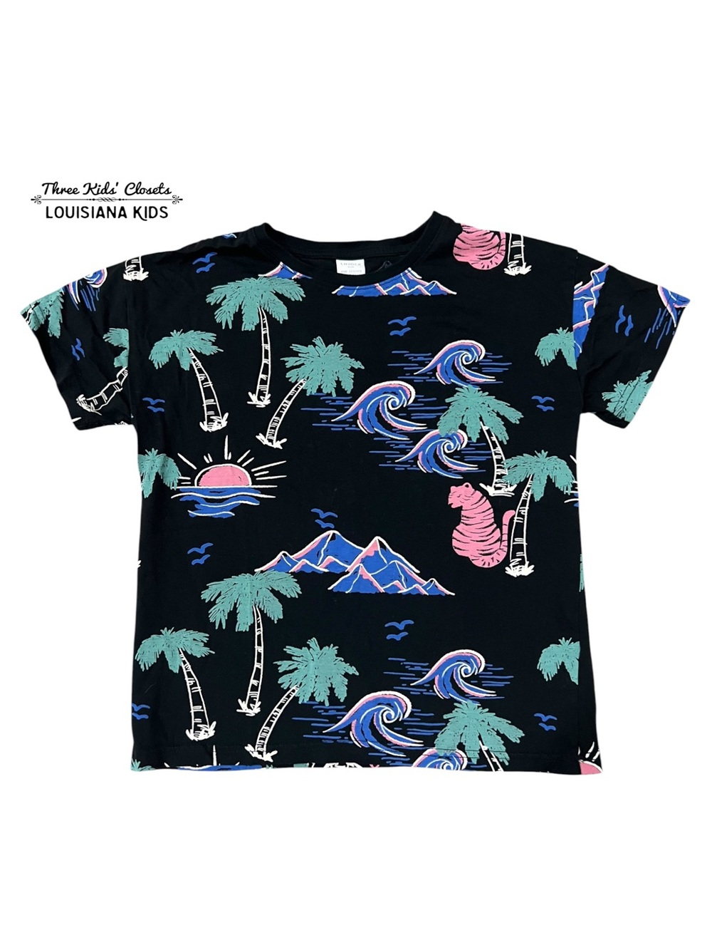 Lindex Kids Sz 122/128 (6-8Y) Black & Neon Tropical Tiger Print T-Shirt